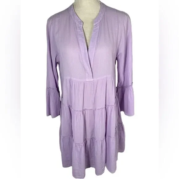 Devotion TWINS Lavender Purple Ella Tiered 3/4 Sleeve Boho Mini Dress - Picture 2 of 8